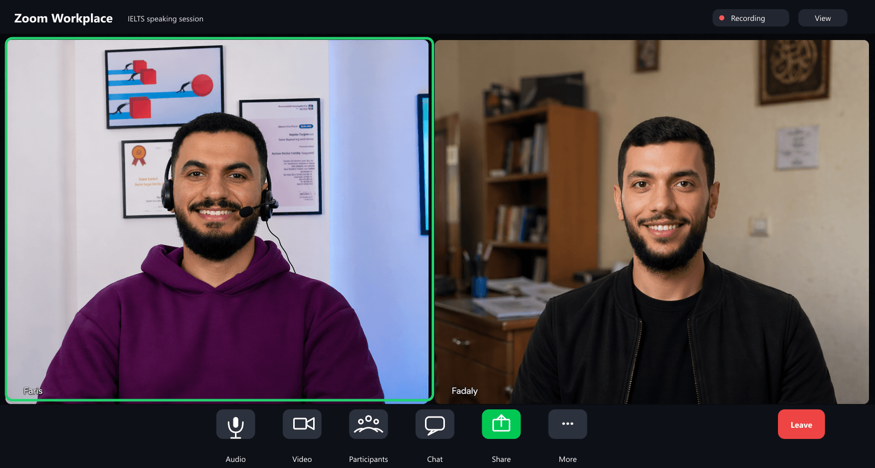 IELTS preparation session screenshot with Zoom-style meeting interface